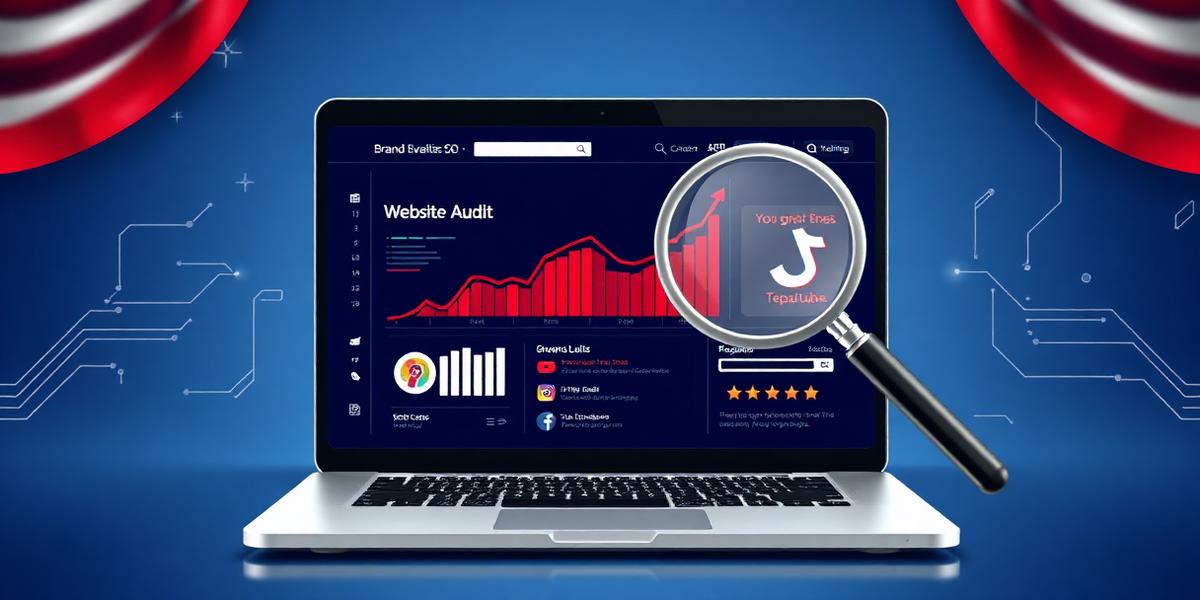 Digital brand evaluation dashboard showing website audit, social media and SEO metrics